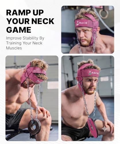 Image of RACE Neck and Head Strengthening Equipment Weight Harness Thick Padded Adjustable Strap with Heavy Duty Steel Chain & Rings for Gym Crossfit Fitness Training Injury Rehab (Pink)