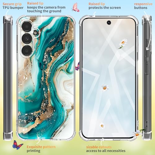 EMUYGIU for Samsung Galaxy S26 Case Flowers and Marble [Buffertech 6.285ft Military-Grade Drop Protection] [Anti Peel Off Tech] Clear TPU Bumper 5G Phone Cover Design (Green Gold with Holder) - image 5