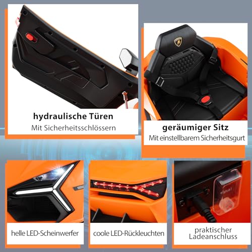 COSTWAY Elektroauto für Kinder, Lamborghini Revuelto, 12V Elektro Kinderauto mit LED Scheinwerfer & Hupe & Musik, 3-5 km/h, Elektrofahrzeug für Kinder ab 3 Jahren, inkl. Fernbedienung (Orange) – Bild 7