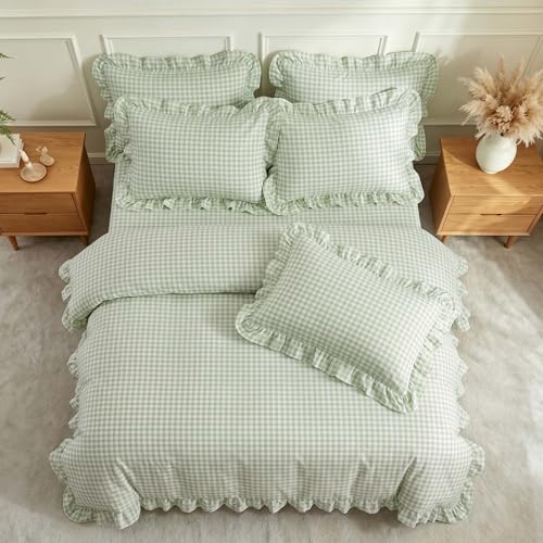 Image of Nayoroom Gingham Duvet Cover Queen Size Green Ruffle Plaid Checkered Duvet Cover 3 Pieces Soft Washed Microfiber Vintage Farmhouse Dorm Bedding Set Gifts for Women Men