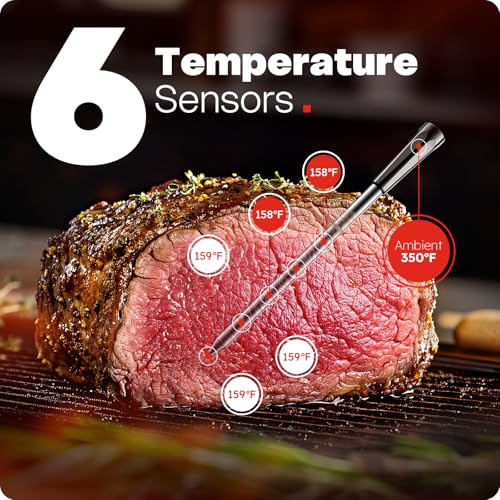 Smart Wireless Meat Thermometer with Ultra-Thin Probe, 6 Sensors Accuracy Digital Food Thermometer 0.5S Instant Read, IP67 Waterproof for BBQ, Grill, Smoker, Oven, Air Fryer,Black