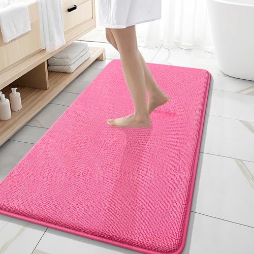 Image of OLANLY Thick Memory Foam Bathroom Runner Rugs 47x20, Extra Soft Absorbent Long Bath Rug, Quick Dry, Non-Slip, Machine Washable Bath Mats for Bathroom, Tub and Shower, Home Decor Accessories, Hot Pink