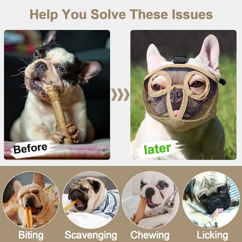 Image of Short Snout Dog Muzzles- Adjustable Breathable Mesh Bulldog Muzzle for Biting Chewing Licking Training Grooming Dog Mask (Khaki, X-Large / 18 inch-25 inch)