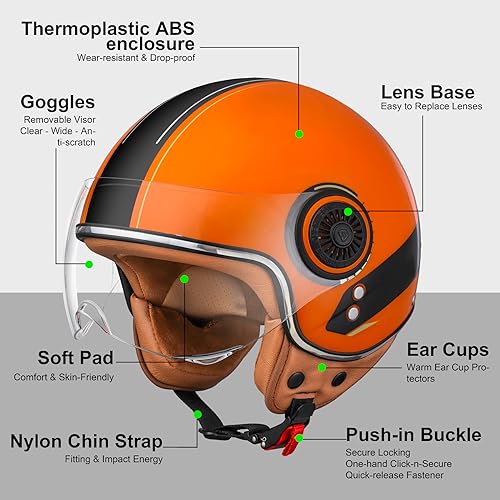 Image of Open Face Motorcycle Helmet for Adults, Half Face Moped Helmets for Men, 3 /4 Retro Vespa Helmet, Classic Vintage Motorcycle Helmet for Women, DOT Approved