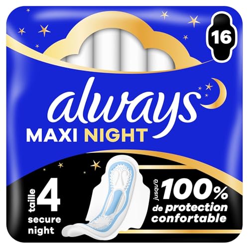 Always Maxi Serviettes Hygiéniques, Taille 3, Night, 16 Serviettes Avec Ailettes, Flux Très Abondants Nuit, Cœur Ultra Absorbant et Barrières Anti-Fuites