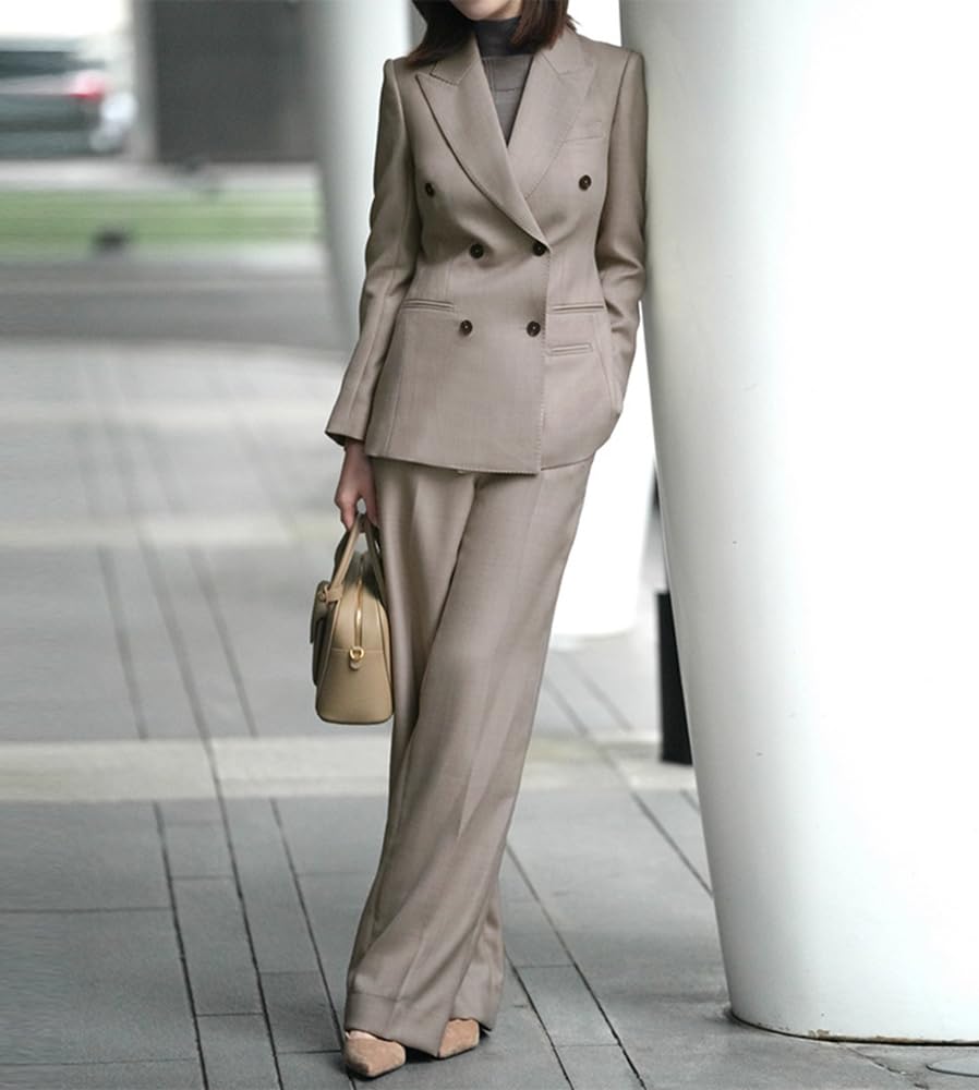 Donna Abito Doppiopetto Prom Business Giacca con Revers a Lancia Pantaloni a Gamba Larga