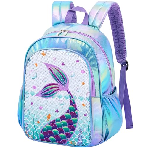 WAWSAM Sequin Mermaid Kids Backpack - Sparkly School Backpack for Girls Toddler Preschool Kindergarten Elementary 15