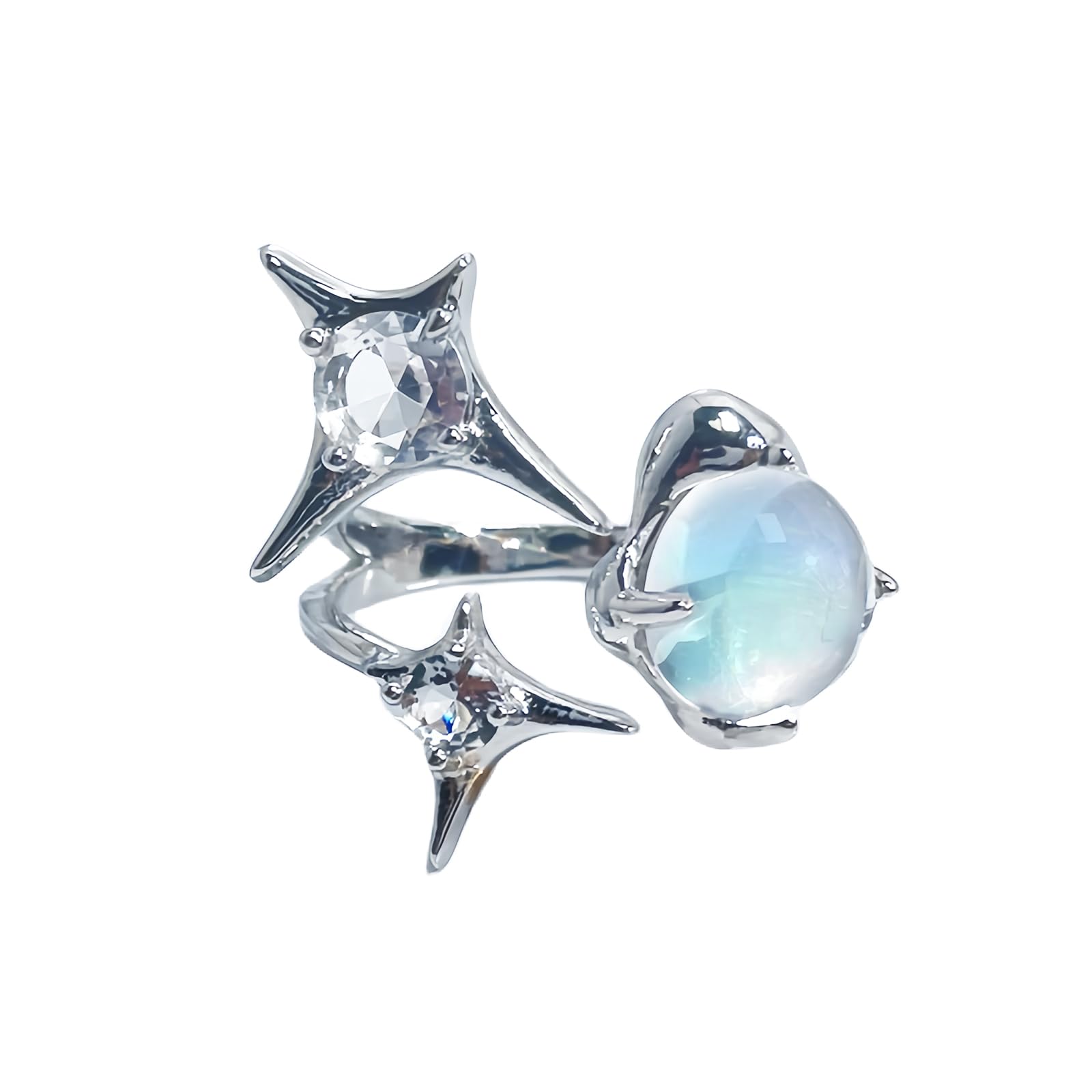MoguriAnillo de piedra lunar de estrella de plata para mujer, anillo de piedra lunar ajustable de plata vintage, triángulo celta, anillo de circonita cúbica, ovalado, redondo, joyas de piedras