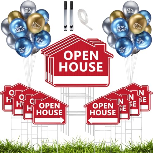 12 Pack Open House Signs with Stakes for Estate Large Double Sided Estate Sale Yard Signs with 24 Metallic Balloons Markers Ribbons Directional Arrows Agent Supplies(24 x 18 Inch, Red)