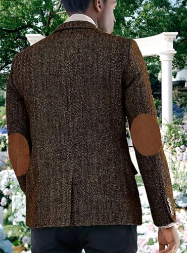 VENNYNG Men's Tweed Blazer Suit Jacket with Elbow Patches Single Breasted Male Short Vintage Trench Coat2