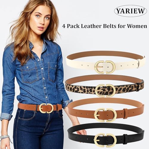 YARIEW 4 Pack Leopard Belts for Women Leather Belts for Jeans Pants Ladies Dress Belt Waist Belt with Gold Buckle3