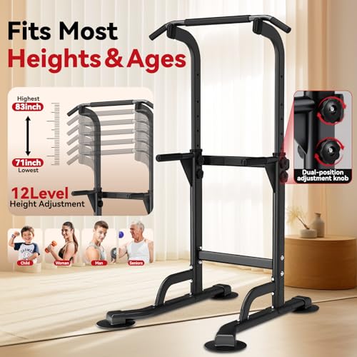 Image of WATBKHE Power Tower Pull Up Dip Station Foldable, Pull Up Bar Station Adjustable, Multi-Function Home Gym, Strength Training Fitness Equipment, Triangular Design, for Home Outdoor