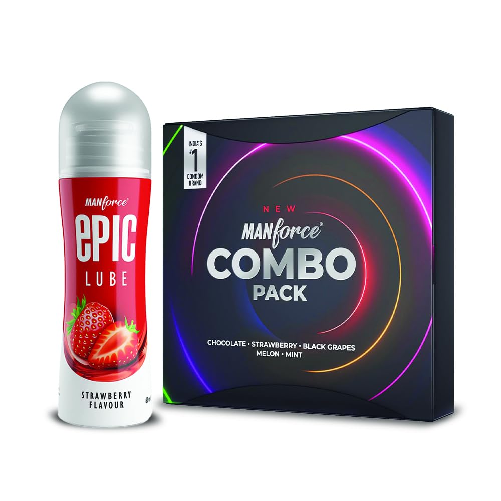 Manforce Combo Pack Flavoured Condoms for Men - 20 Count With Manforce Epic Strawberry Flavoured Lube, 60ml