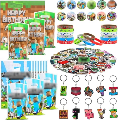 KEVRDRT 104 PCS Favores de Fiesta de Videojuegos, Videojuegos Fiesta Cumpleaños Niños Regalos,Fiesta Cumpleaños Suministros Incluyendo Llaveros, Bolsa Regalo, Anillos de Presión, Pegatinas, Insignias