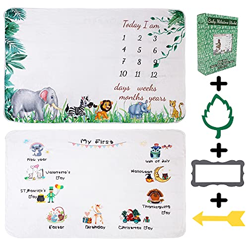 Image of vmaisi Baby Milestone Blanket Gifts - Newborn Boy & Girl Monthly Year Infant Growth Blankets Nursery Swaddling Blankets (Green Animals, Double Printed)