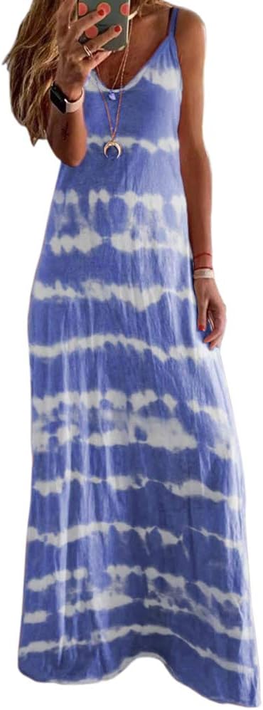 Women's Beach V Neck Sleeveless Stripe Spaghetti Strap Tie Dye Loose Long Maxi Dress Blue, Size US X-Small(0-2)=Tag M