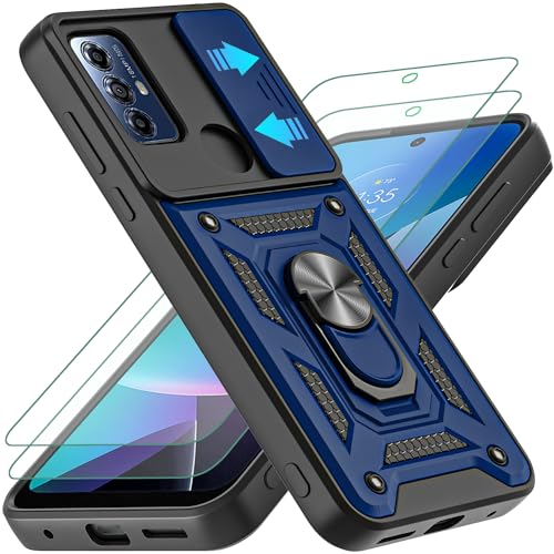 for Moto G Pure Case/G Power 2022 Case, Moto G Play 2023 Case, with Slide Camera Cover and 2pcs HD Screen Protector, 360° Rotation Ring Kickstand [Military Grade] Case (Black)