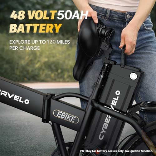 Image of Cybervelo 750W Folding Electric Bike, 48V 20.8AH /50AH Large Removable Battery E-Bike, 80 Miles Max Range, 20 inch Fat Tire Electric Bike for Adults, Adult Electric Bicycles for Commute