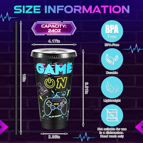 Uiifan 16 Pcs Video Game Party Plastic Cups with Lids and Straws 24 oz Iced Coffee Drinking Resuable Plastic Cups for Video Game Birthday Party Favor(Black) - Image 4