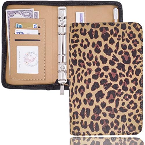 A6 Binder Zipered Binder Leather Notebook Personal Organizer Refillable 6 Round Ring Binder Cover for A6 Filler Paper (Leopard, A6)
