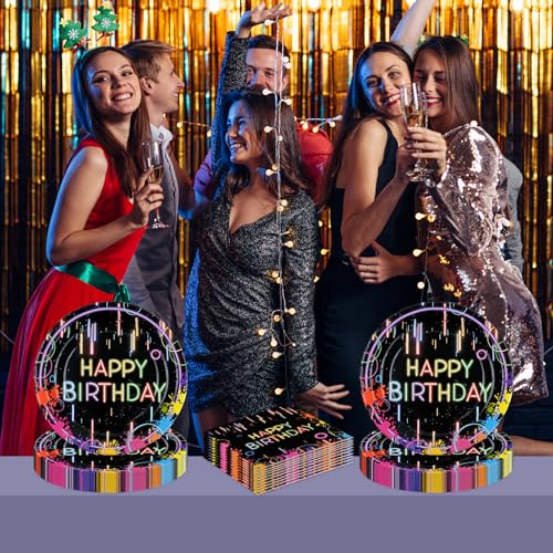 BOKFJBP 40Stück Neon Geburtstag Party Teller & Servietten-Einmalgeburtstag Geschirr Neon Glühen Bunte Glühen im Dunkeln Party Dekoration Favor für Geburtstag Baby Dusche 20 Gäste Schuleinführung