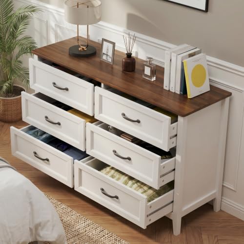 Gizoon 47.2" W Dresser for Bedroom, 6 Chest of Drawers, Modern Drawer Dresser, Wood TV Stand for Living Room, with Smooth Rail, Metal Handles, Anti-tip, Hallway, Retro