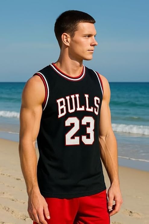 Image of Akar Men's Basketball Jersey Sleeveless Athletic Vest, Bulls 23 Print, Black, Lightweight Breathable Performance Shirt for Gym & Fitness