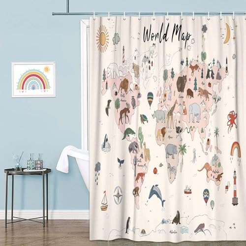 Image of World Map Shower Curtain for Kids, Cute Cartoon Animal Educational Learning Tool Restroom Curtains, Cute Cartoon Animal Educational Learning Tool Waterproof Fabric Bathroom Curtain Set with Hooks