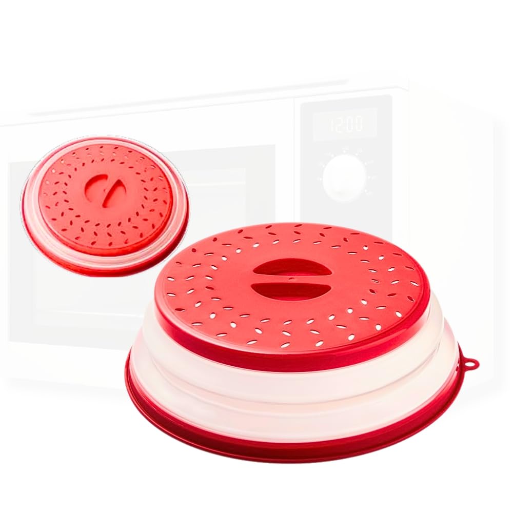 QuickSync Collapsible Microwave Cover | Collapsible Microwave Cover for Food | Microwave Splatter Cover with Steam Vents BPA Free Food Covers for Fruit Vegetables (Red)