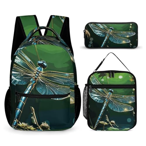 Sac à dos de voyage libellule verte 3 pièces pour école et sorties