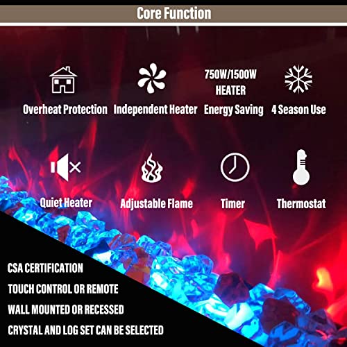 Masarflame 60 Inch Electric Fireplace, Recessed and Wall Mount Fireplace Heater, Quiet & Linear Fireplace insert with 13×13 Adjustable Flame Color, Thermostat & Timer, Remote & Touch Screen