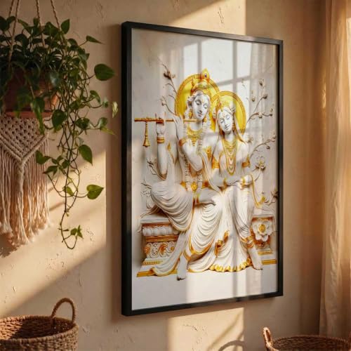 Image of CRAFTLYN Hindu God Wall Art WALL ART Prints Framed Spiritual Religious Paintings for Living Room, Pooja Room, Bedroom, Office, Meditation Room, Home Decor (Radha krishna 1, 19 X25, Black)