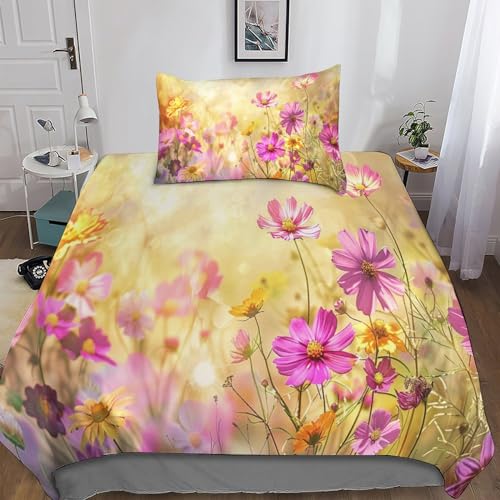 Mädchen-Bettwäsche-Set mit Blumenmuster, Kinderbettwäsche mit Kissenbezug, weich, bequem, Einzelbett (135 x 200 cm), Kinder-, Jugendliche-, Mädchen-Dekorationen, 3-teilig