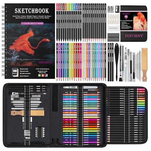 HIFORNY 176 PCS Art Supplies Drawing Set Sketching Kit with 100 Sheets 3-Color Sketchbook,Graphite Colored Charcoal Watercolor & Metallic Pencils,Blending Tools and More, for Beginner Artists