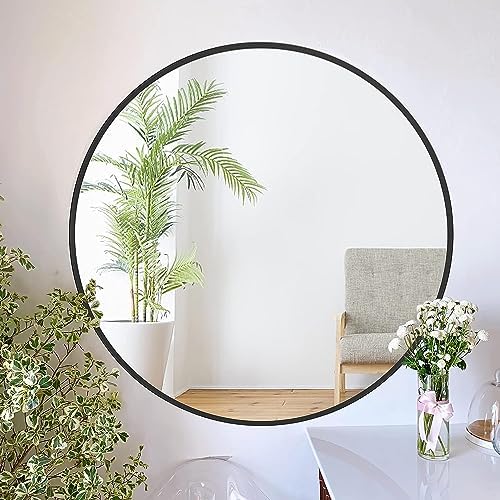 ZENIDA Round Mirror for Wall, 60x60 cm Metal Framed Circle Mirror, Large Bathroom Mirror, Black Wall Mirror for Living Room Bedroom Entryway Decor