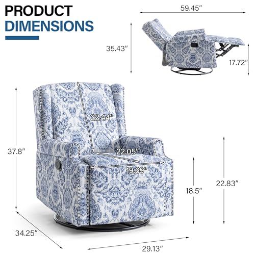 Image of Swivel Rocker Recliner Chairs Set of 2, 360 Swivel Wingback Recliner Chairs for Adults, Upholstered Printed Fabric Glider Rocking Chair with High Back, Deep Seat for Living Romm Bedroom, Navy