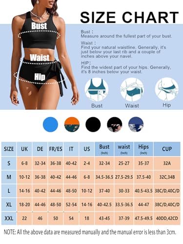 Rayson Traje de Baño para Mujer de 2 Piezas Cintura Alta Estampado Floral Conjunto de Bikini Lazos Laterales（Negro Floral,M）