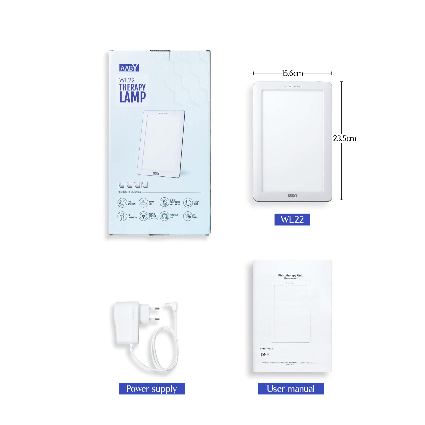 AABY WL22 Daylight Lamp Four Colors LED Light Therapy Lamp UV Free Flicker Free 10000 Lux LED White Bright Light 3-Step Brightness Timer Indicator Compact and Portable Energy Booster (white)