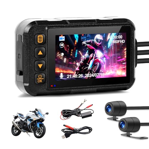 CAMECHO Moto Dash CAM Pantalla de 3 Pulgadas, IP67 Impermeable, Doble Cámara Gran Angular 120 Grados, Cámara para Moto de 90 Grados con HDR, Sensor G, Grabación en Bucle