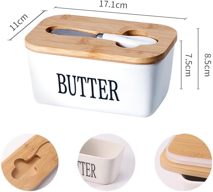 Miniatura 3 de Mantequillera hermética de porcelana con cuchillo, manteca rectangular hermética blanca con tapa de madera, recipiente grande de cerámica, 6.8 x 3.5