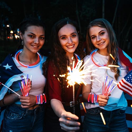 JOYIN 72 Pcs July 4th Glow Sticks Bulk with Connectors, Red White Blue 3 Colors In 1 Glow in The Dark Stick, Light Up Bracelets & Necklaces for Kids & Adults, Party Favor Supplies For Independence Day - image 6