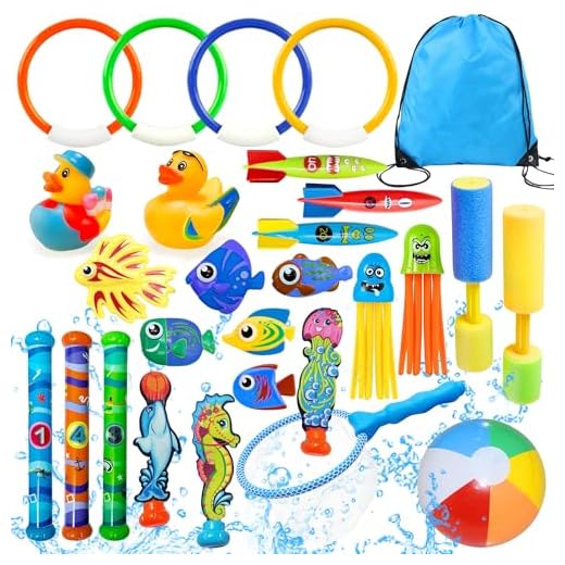 Lubibi Juguetes de Buceo para Niños, Juguetes de Piscina para niños,Anillos de Buceo,Algas Marinas,Torpedos Bandidos,Pistolas de Agua,Mochila con Cordón,Natación Subacuática,Juego bajo el Agua