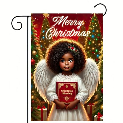 Image of BlissYard Christmas Garden Flag 12x18 Inch Angel Book Yard Decor | Double sided polyester, christmas angel blessing book design, faith inspired decor for holiday porch and yard
