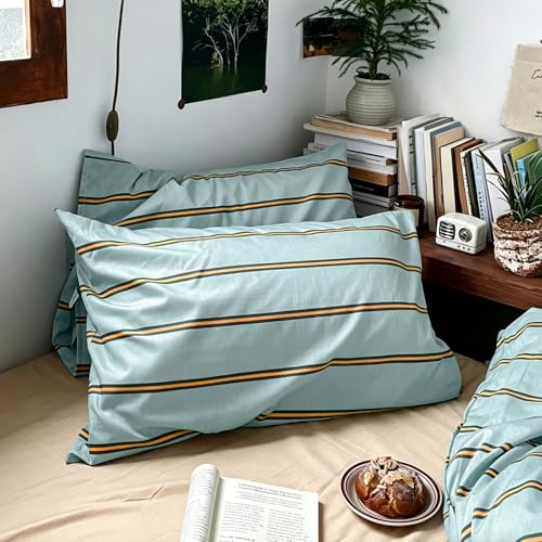 Image of mixinni Retro Mint Blue Striped Duvet Cover Set - 100% Natural Cotton 3-Piece Vintage Stripes Pattern Printed Bedding Set, Soft Breathable Comforter Cover with Zipper Closure & Corner Ties, Twin Size
