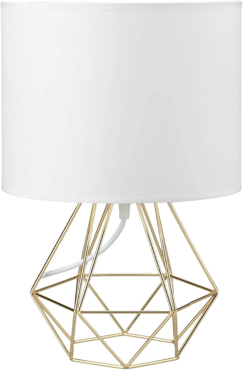 FRIDEKO HOME Modern Gold Desk Lamp - Small Bedside Table Lamp with Hollowed Out Base White Fabric Shade Farmhouse Nightstand Lamp Side Table Lamp Night Light for Living Room Bedroom Kids Room