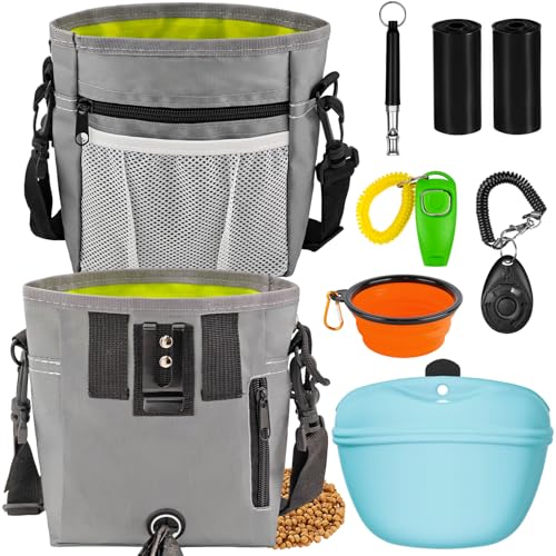 Dog Treat Bag, Dog Training Kit - Treat Pouch, Pet Training Fanny Pack, Training Clicker, 2-in-1 Whistle Clicker, Collapsible Dog Bowl, 2 Dog Poop Bag(Gray)
