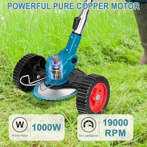 Image of Electric Wireless Rechargeable Edge Cutter 48V - 25cm Cutting Width | 2-in-1 Mower & Trimmer | Adjustable Height | 3 Blade Types | Lightweight & Portable | Lawns & Gardens (Blue)