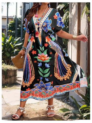 Image of Floerns Women's Plus Size Tribal Print Dolman Sleeve Slit Summer Maxi A Line Dress