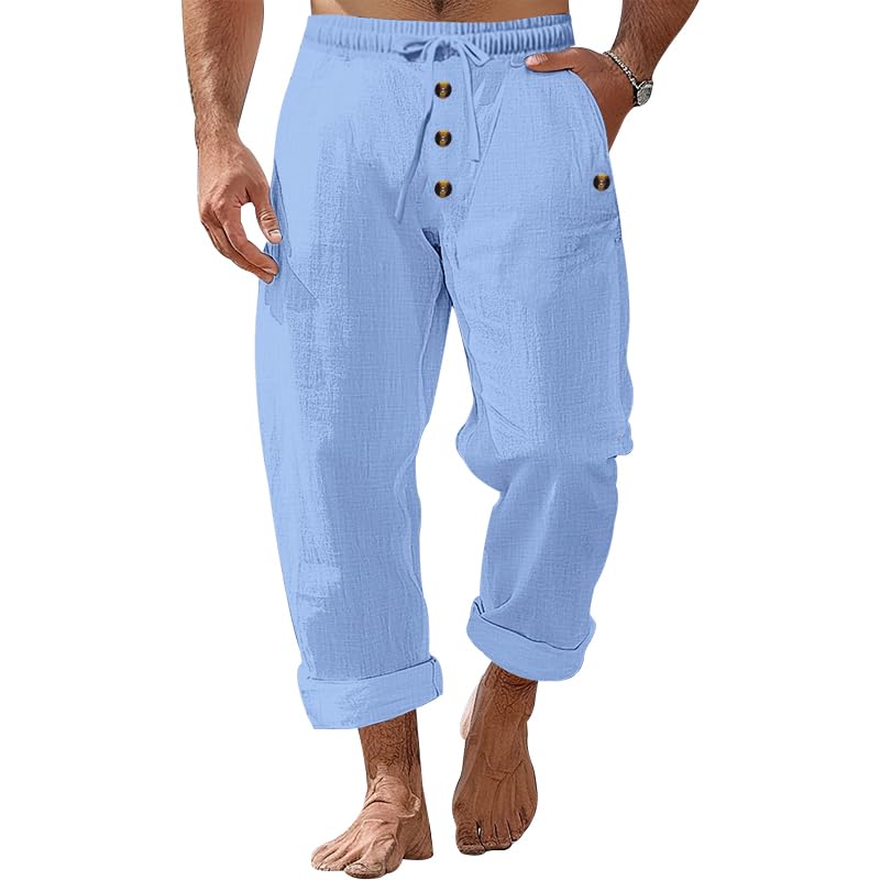 TRFIC Mens Cotton Linen Pants Casual Summer Vacation Baggy Beach Pants Buttoned Drawstring Yoga Trousers with Pockets