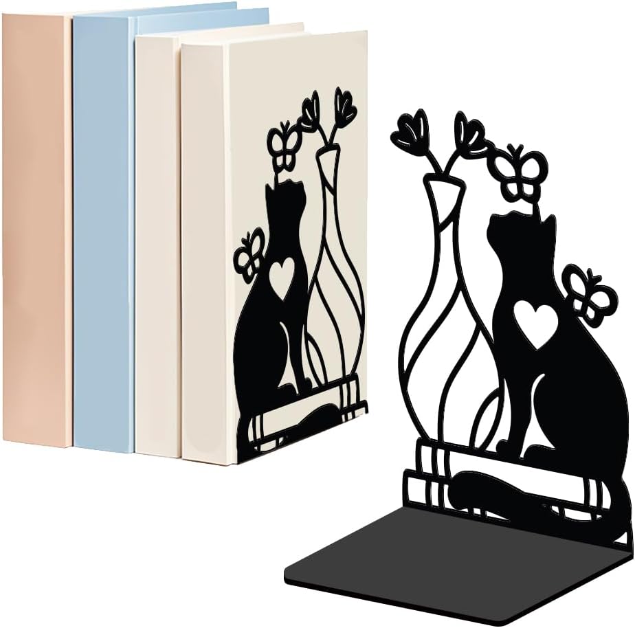 WADORN 1 Pair Cute Cat Flower Metal Decorative Bookend for Shelves, Heavy Duty Book Ends Modern Non-Skid Books Holder Stand Black Book Support Stoppers for Desk Bookshelf Office Home, 5.3x4.3x7.9 Inch